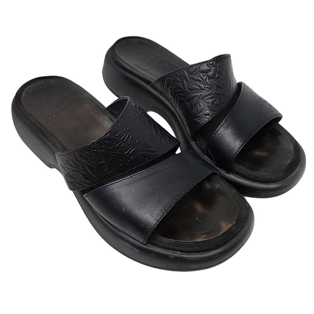 Dansko Black Leather Embossed Floral Slip On Strap Slide Casual Sandals Size 38